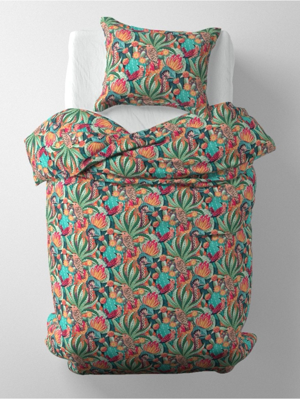Spoonflower Duvet Cover and 2 Pillow Shams  in Southwest Blooms and Birds